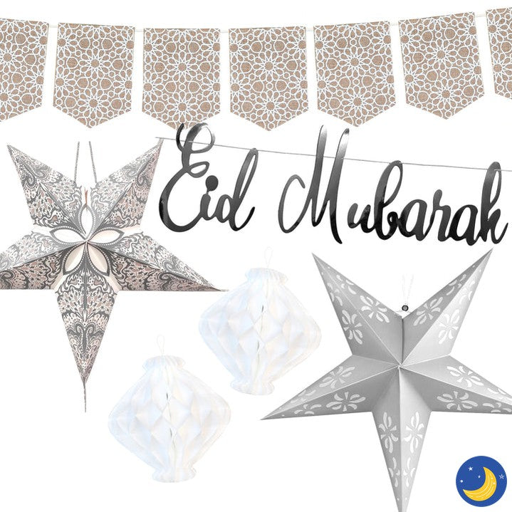 Eid Mubarak Decoration Bundle - Silver & White-Decorations-Eid Party Co-Crescent Moon Store