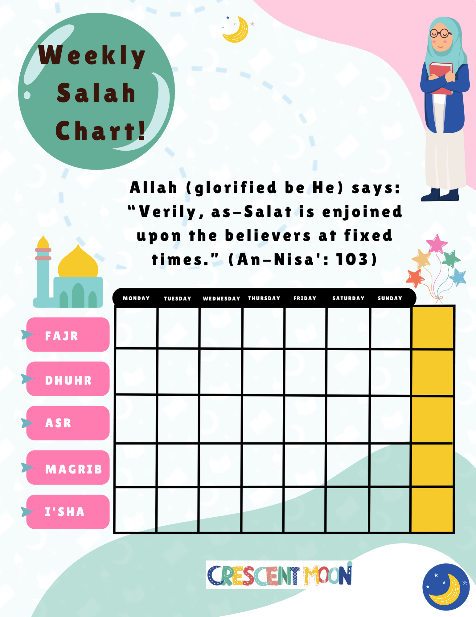FREE Weekly Salah Tracker Printable | Muslim Kids Ramadan Worksheet | Crescent Moon Store